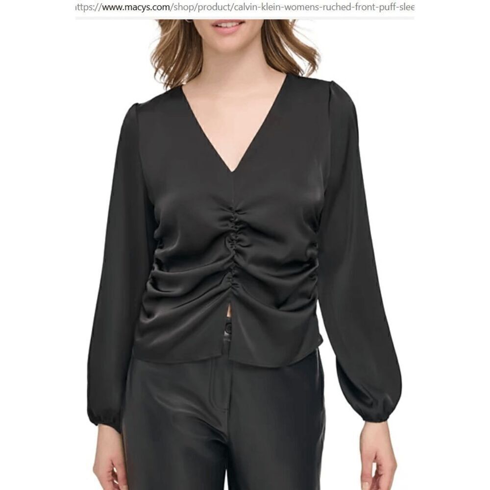 Calvin Klein Women's Ruched-Front Long Puff-Sleeve Blouse S